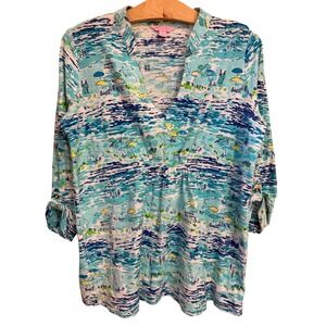Lilly Pulitzer Womens Blue Beach Scene Cotton Tunic Top V-Neck 3/4 Sleeve Size M